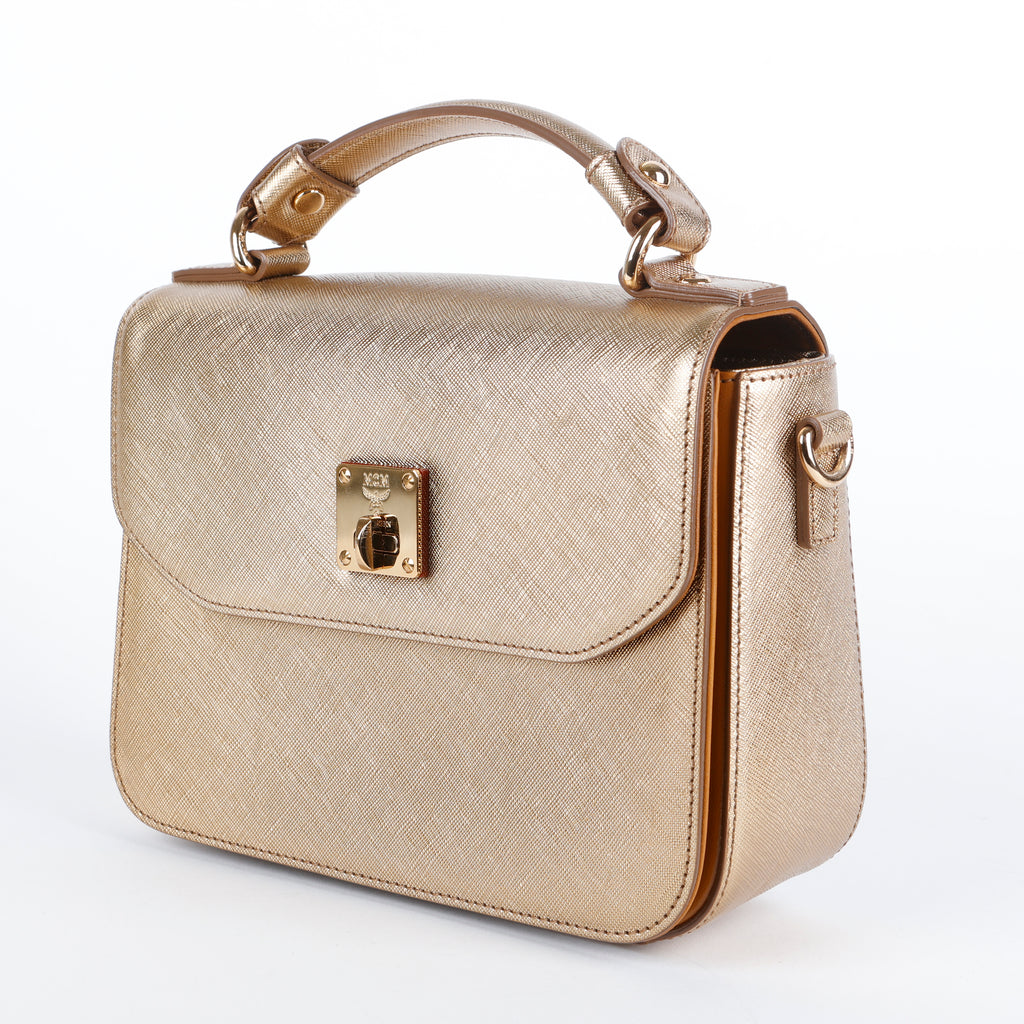 Turnlock Top Handle Bag, Metallic Gold