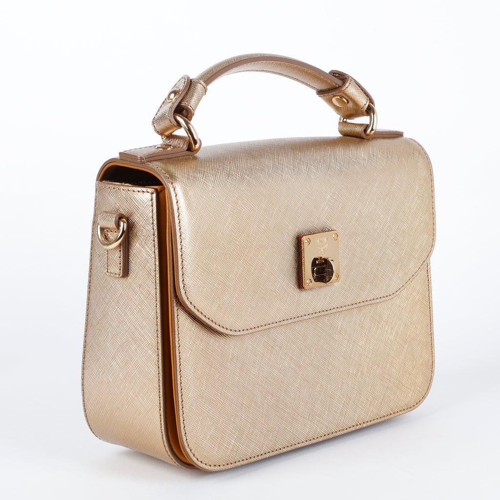 Turnlock Top Handle Bag, Metallic Gold