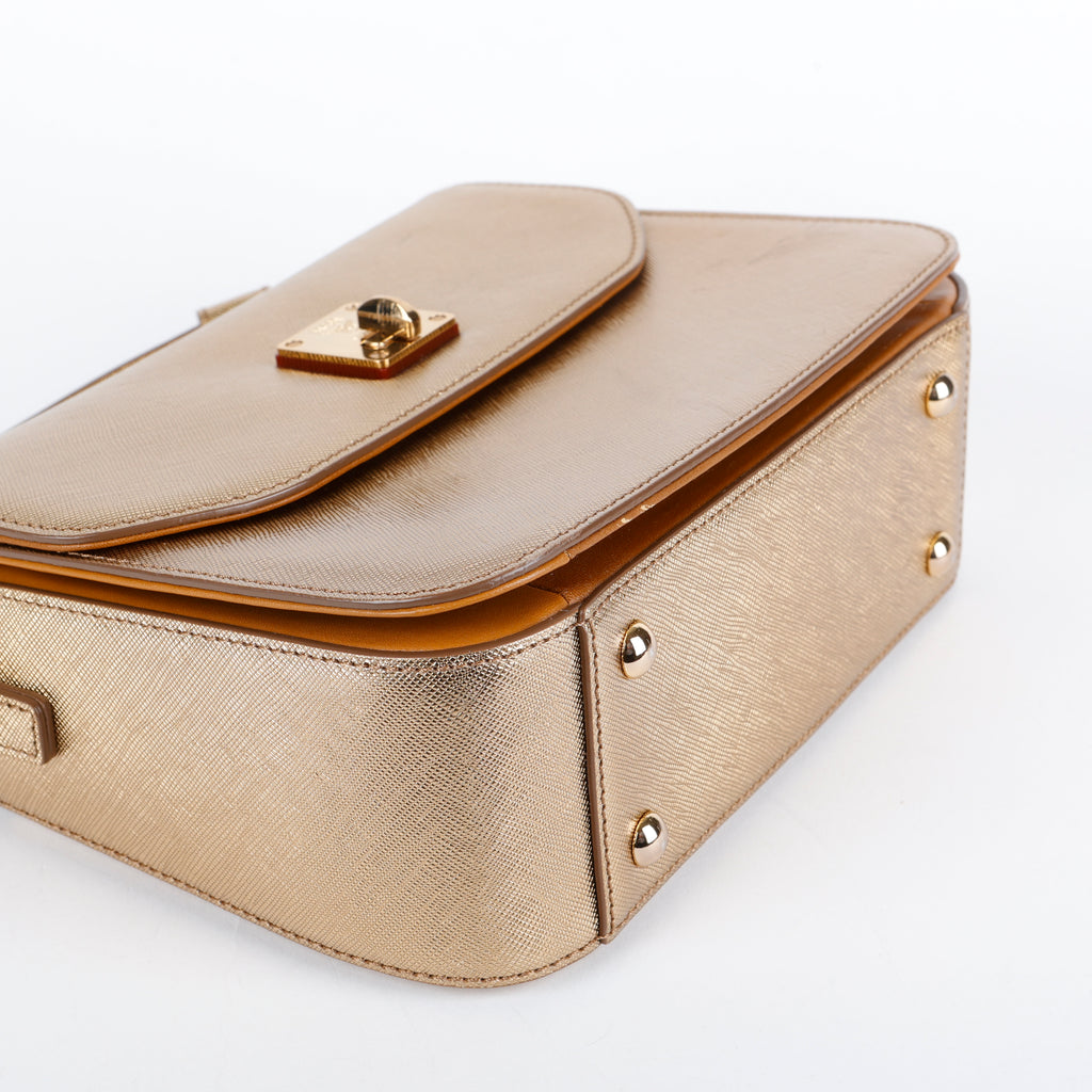 Turnlock Top Handle Bag, Metallic Gold