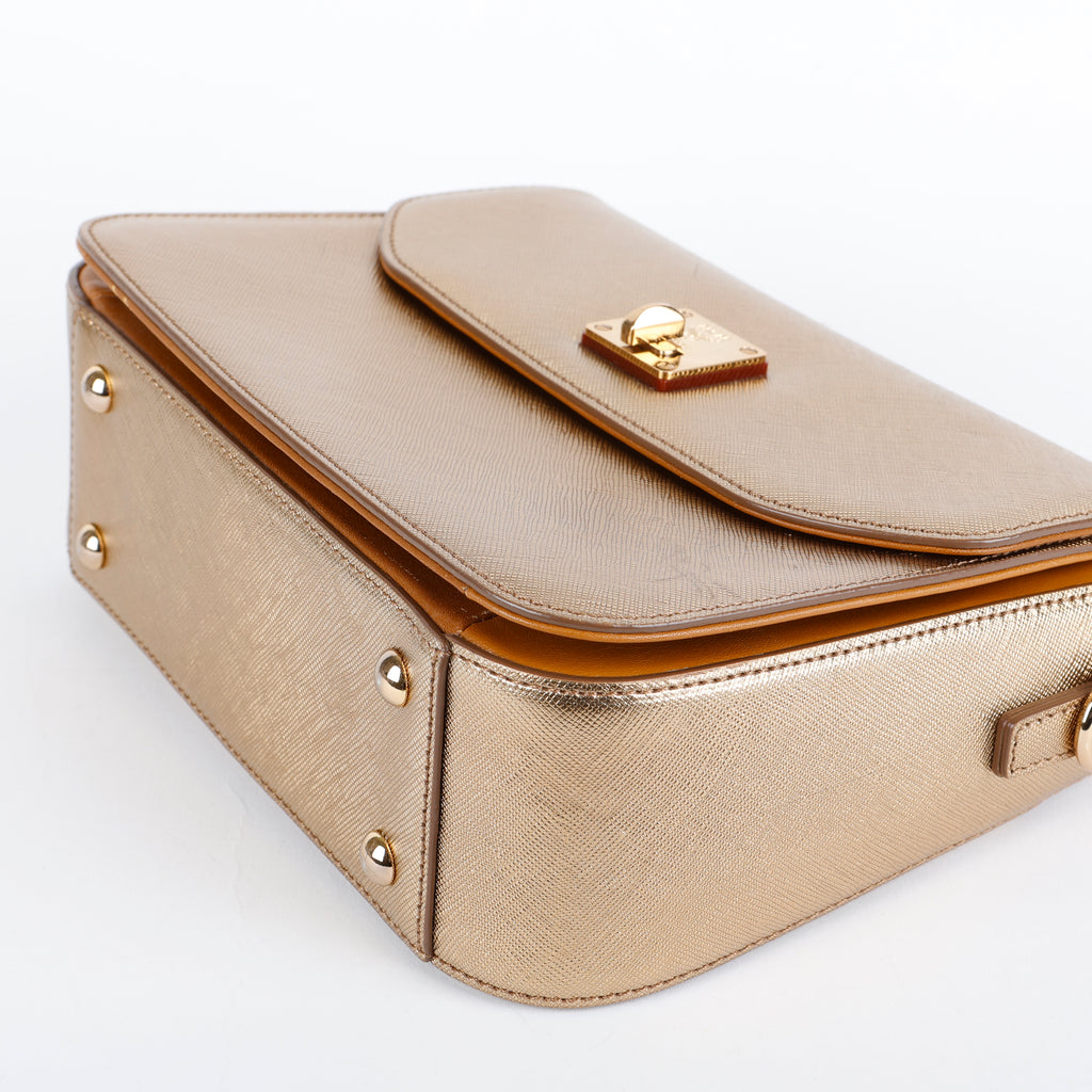 Turnlock Top Handle Bag, Metallic Gold
