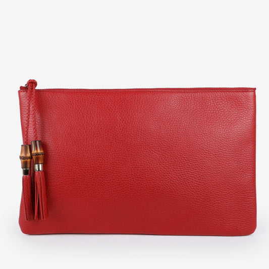 Large Bamboo Zip Pouch, Red Calfskin
