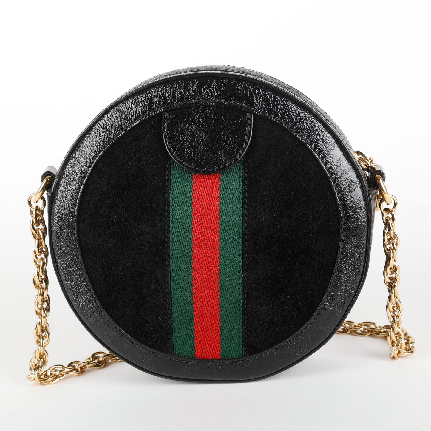 Mini Web Ophidia Round Shoulder Bag, Black Suede/Patent