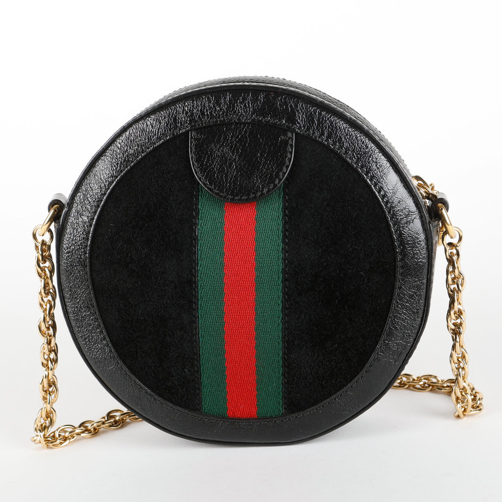Mini Web Ophidia Round Shoulder Bag, Black Suede/Patent