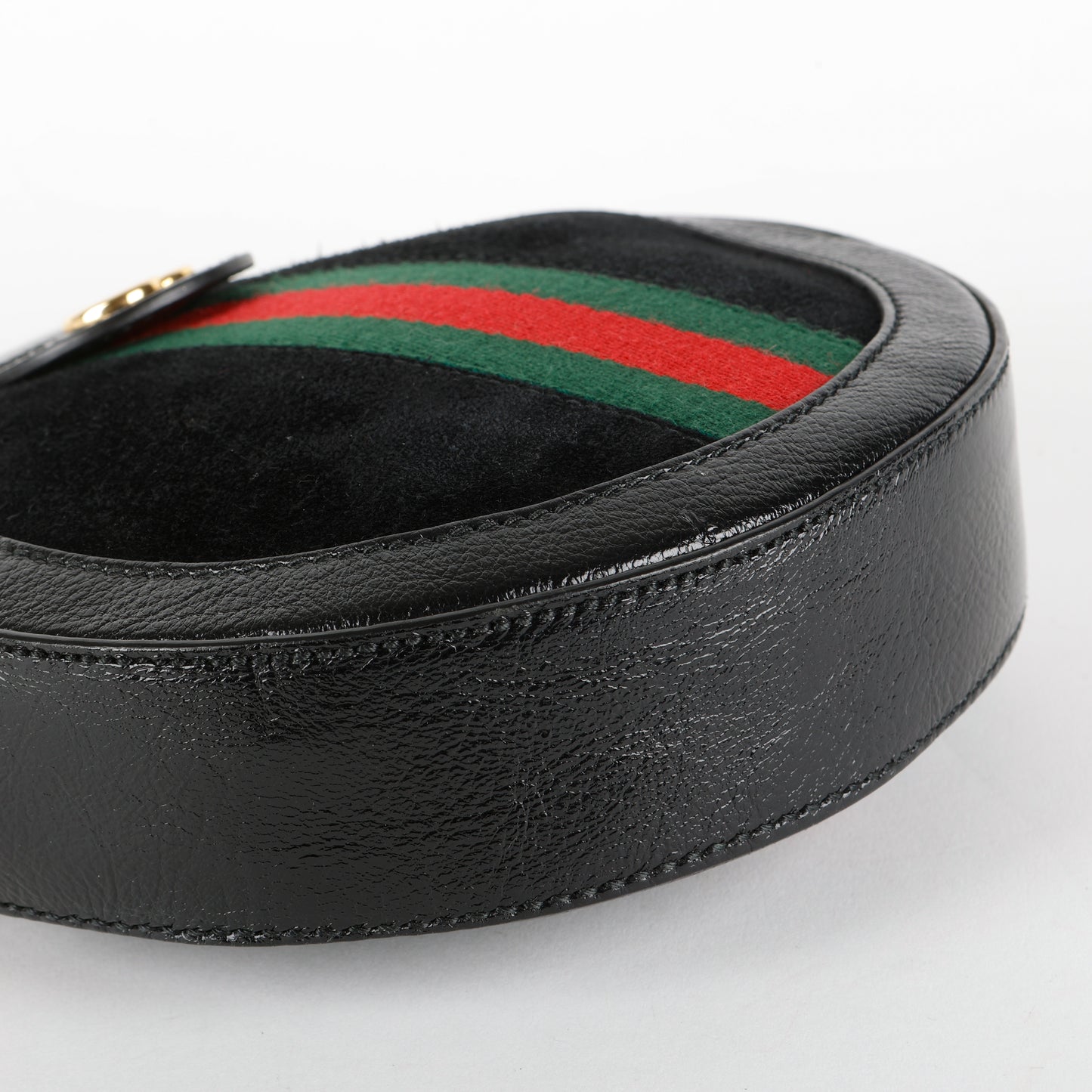 Mini Web Ophidia Round Shoulder Bag, Black Suede/Patent