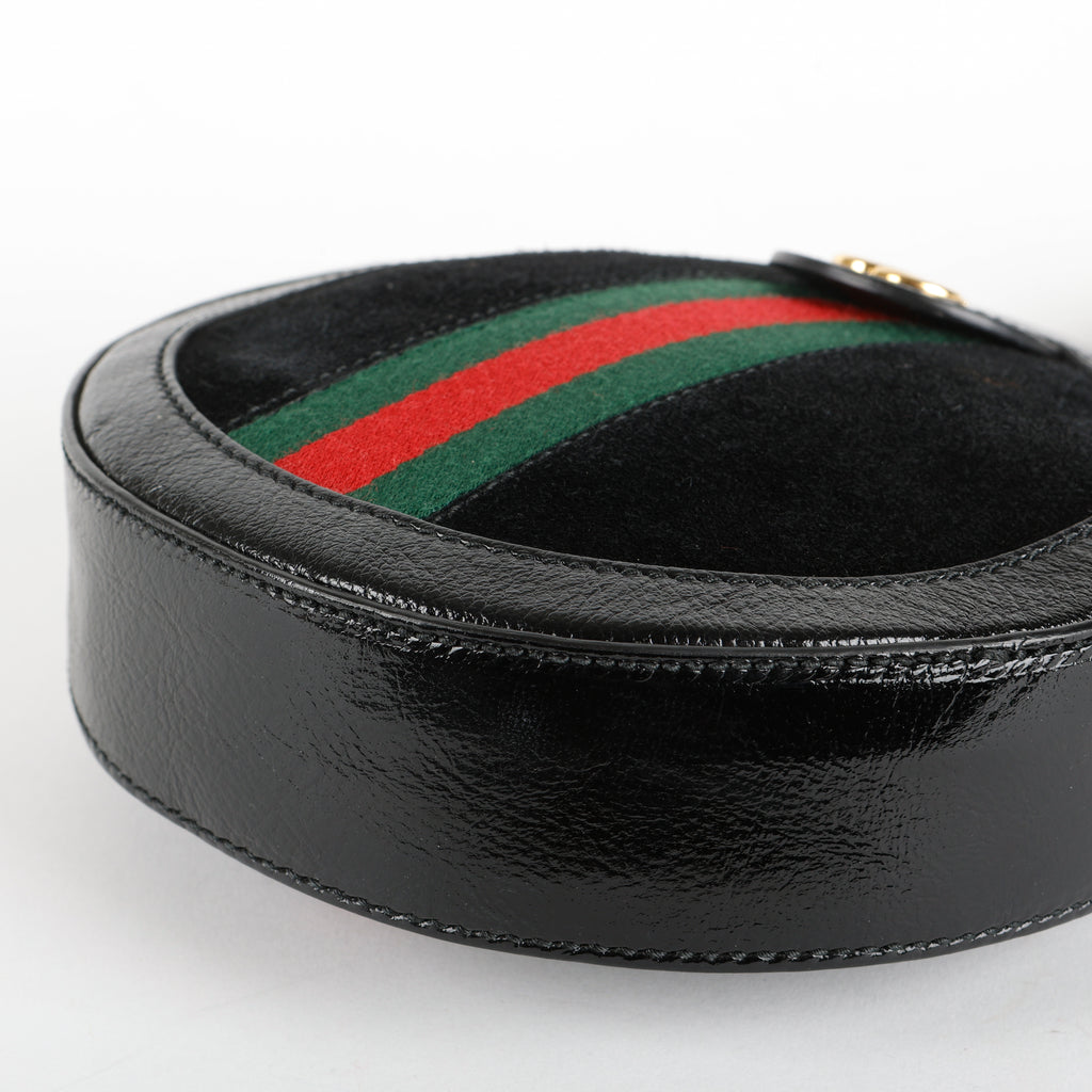 Mini Web Ophidia Round Shoulder Bag, Black Suede/Patent