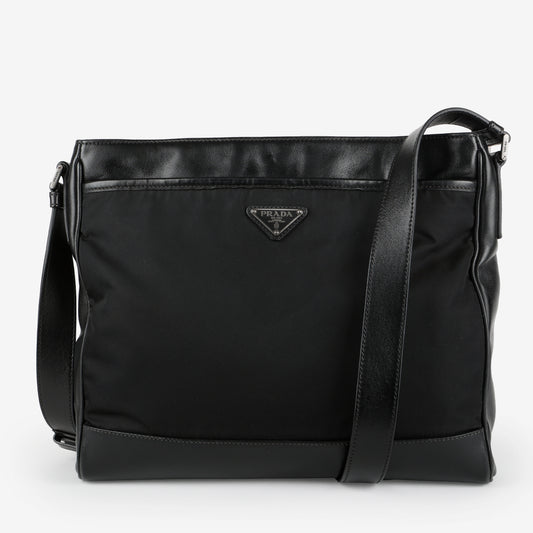 Medium Messenger Bag, Black Nylon/Calfskin
