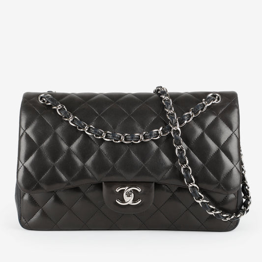 Jumbo Double Flap Black Lambskin Silver Hardware