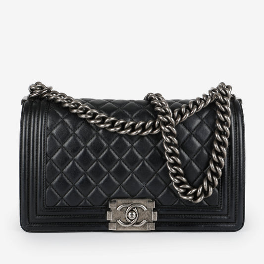 Medium Boy Bag, Black Goatskin Ruthenium Hardware