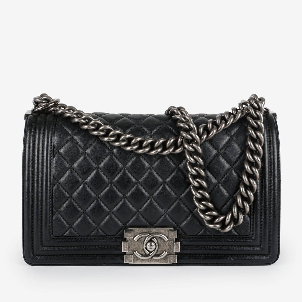 Medium Boy Bag, Black Goatskin Ruthenium Hardware