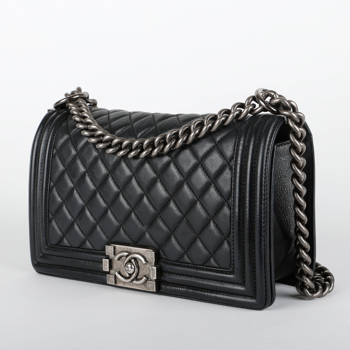 Medium Boy Bag, Black Goatskin Ruthenium Hardware