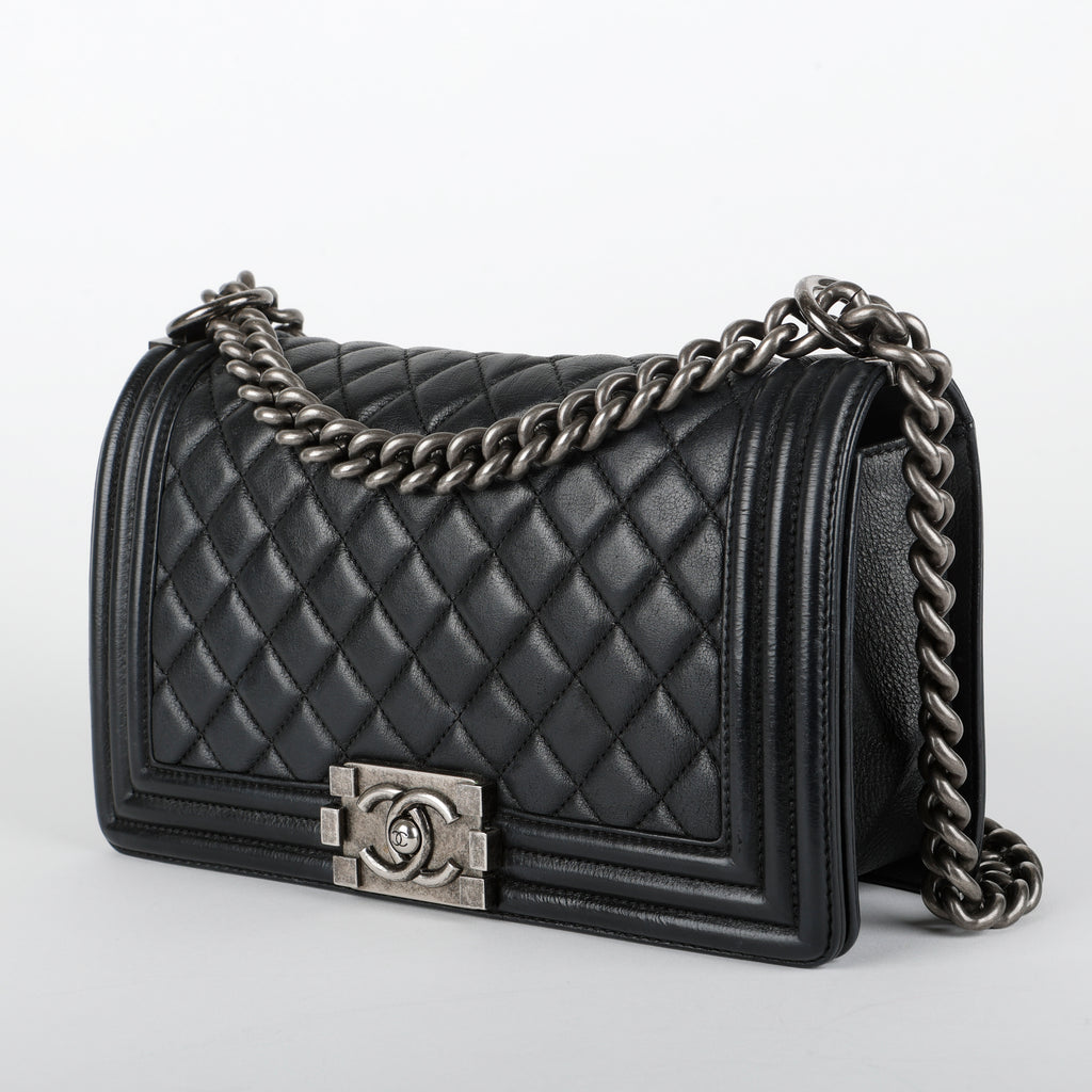Medium Boy Bag, Black Goatskin Ruthenium Hardware
