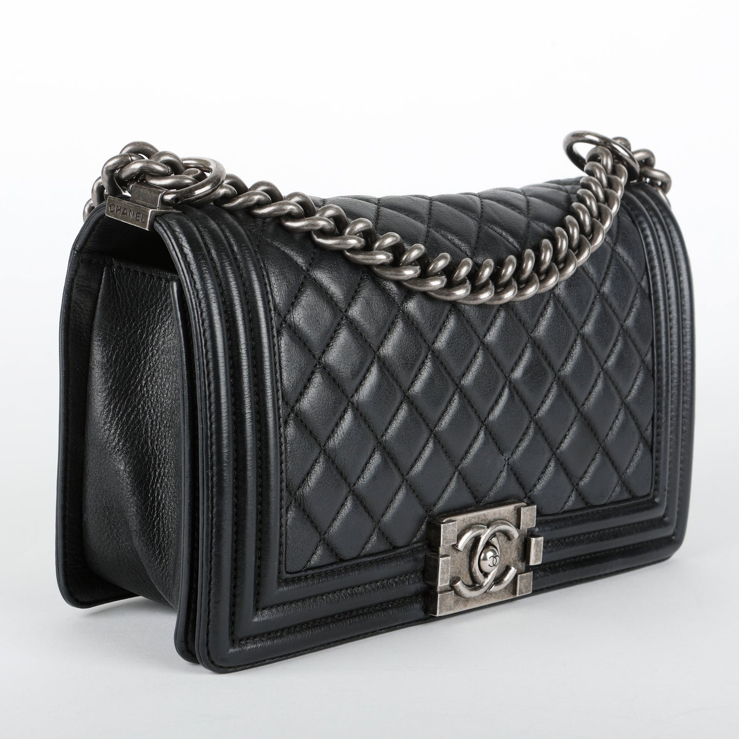 Medium Boy Bag, Black Goatskin Ruthenium Hardware