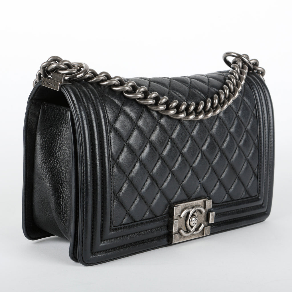 Medium Boy Bag, Black Goatskin Ruthenium Hardware