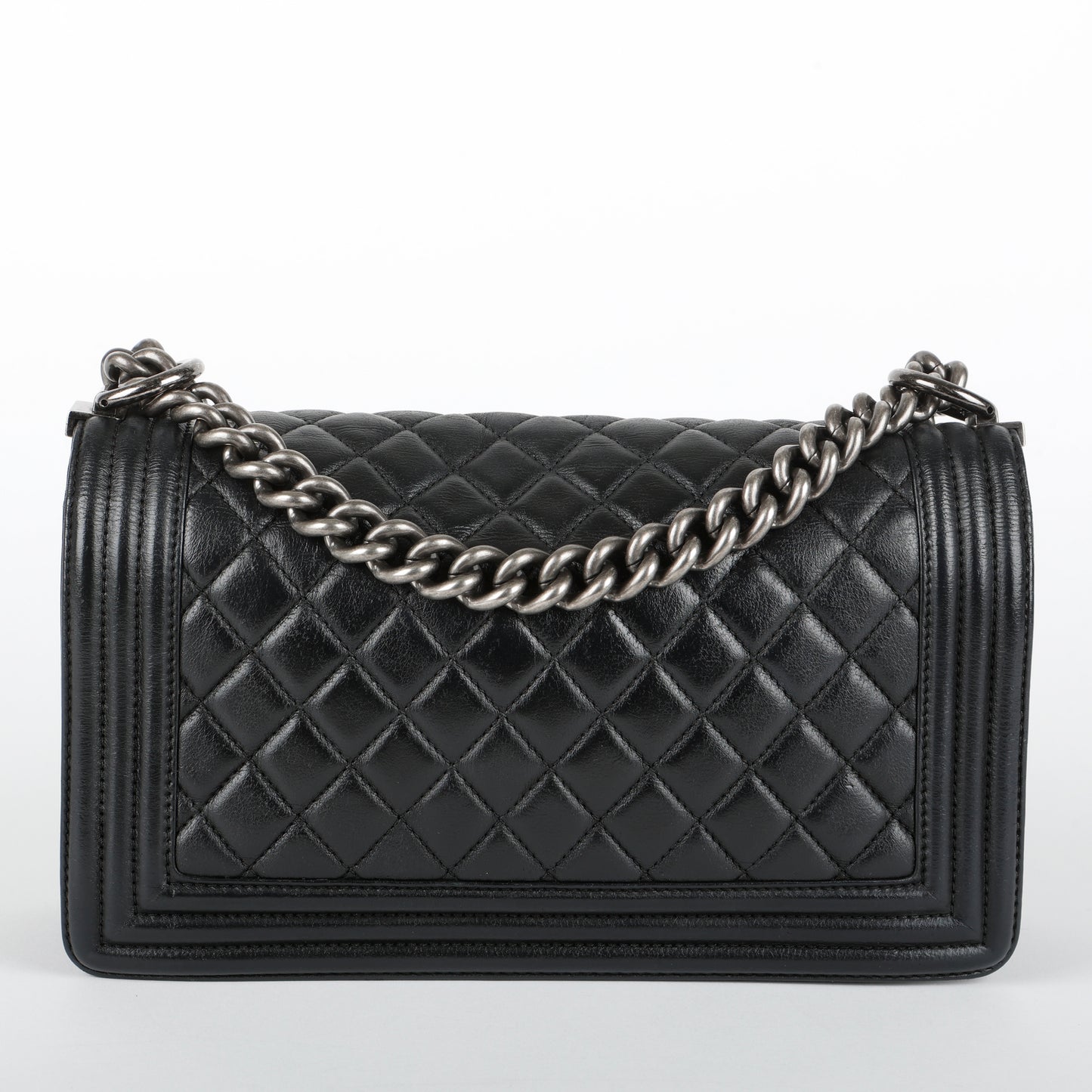 Medium Boy Bag, Black Goatskin Ruthenium Hardware