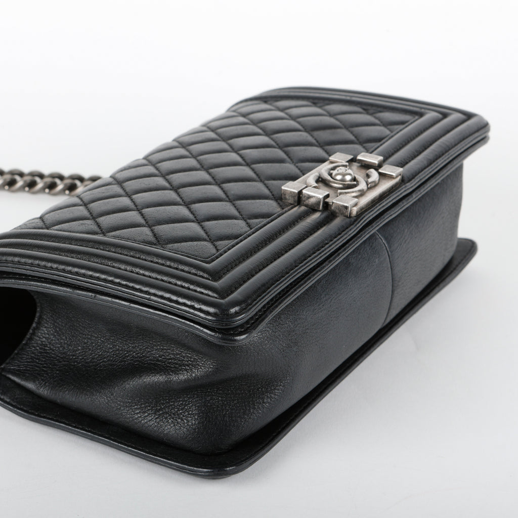 Medium Boy Bag, Black Goatskin Ruthenium Hardware