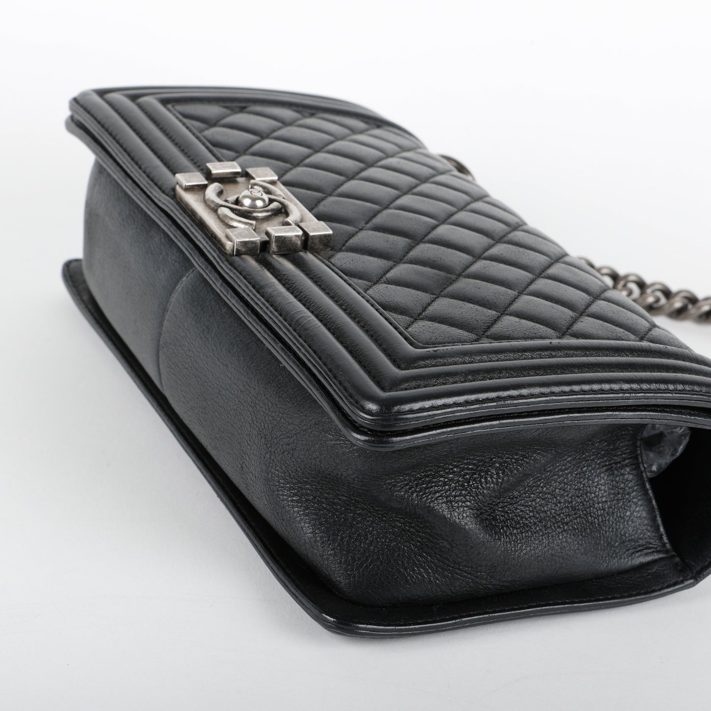 Medium Boy Bag, Black Goatskin Ruthenium Hardware