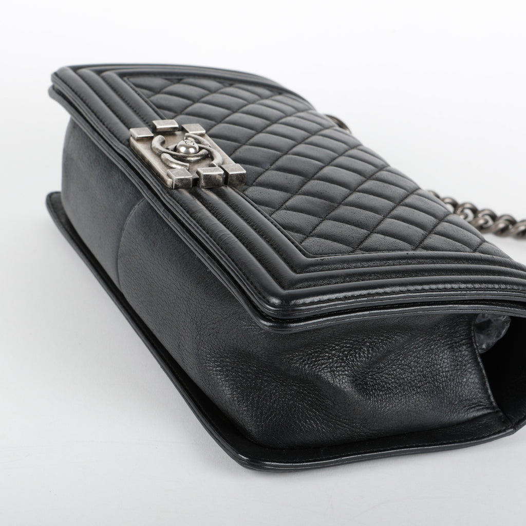 Medium Boy Bag, Black Goatskin Ruthenium Hardware