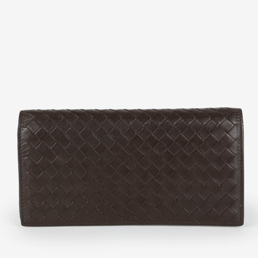 Intrecciato Continental Flap Wallet, Dark Brown
