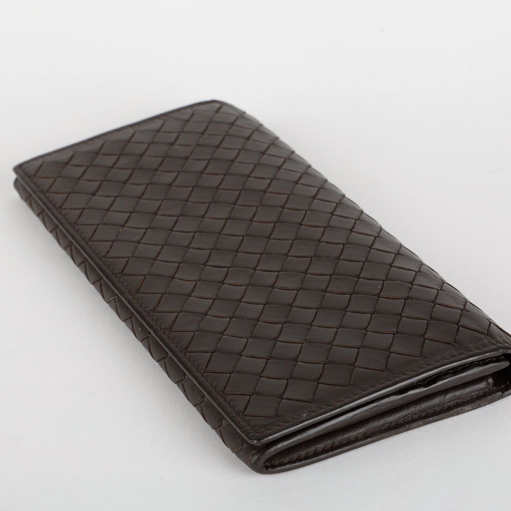 Intrecciato Continental Flap Wallet, Dark Brown