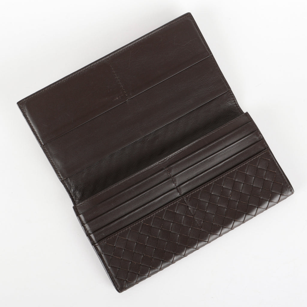 Intrecciato Continental Flap Wallet, Dark Brown