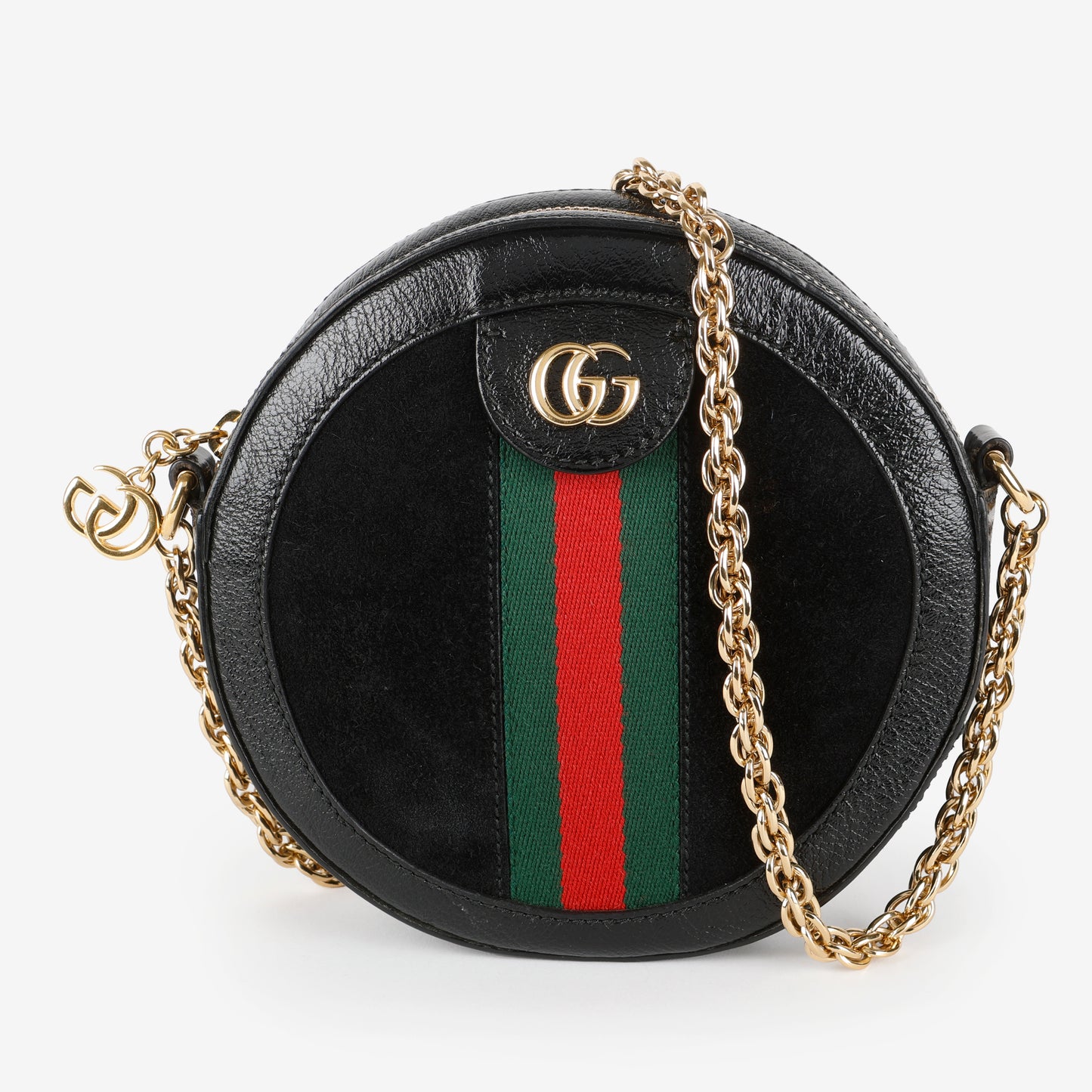 Mini Web Ophidia Round Shoulder Bag, Black Suede/Patent