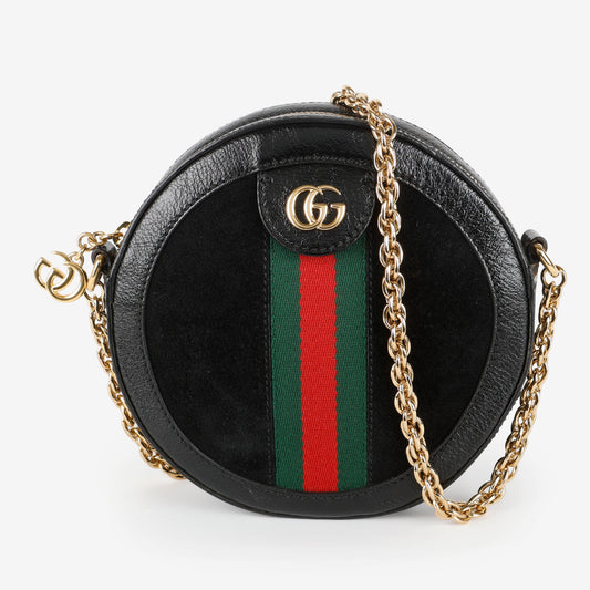 Mini Web Ophidia Round Shoulder Bag, Black Suede/Patent