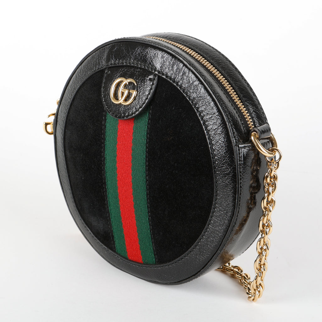 Mini Web Ophidia Round Shoulder Bag, Black Suede/Patent