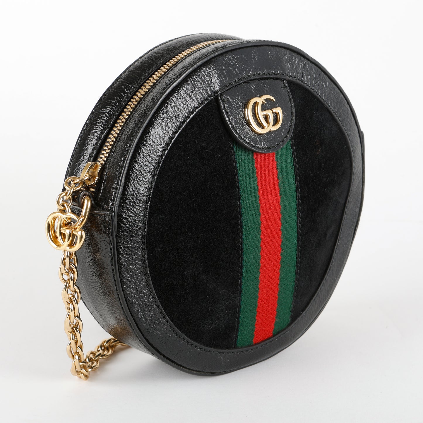 Mini Web Ophidia Round Shoulder Bag, Black Suede/Patent