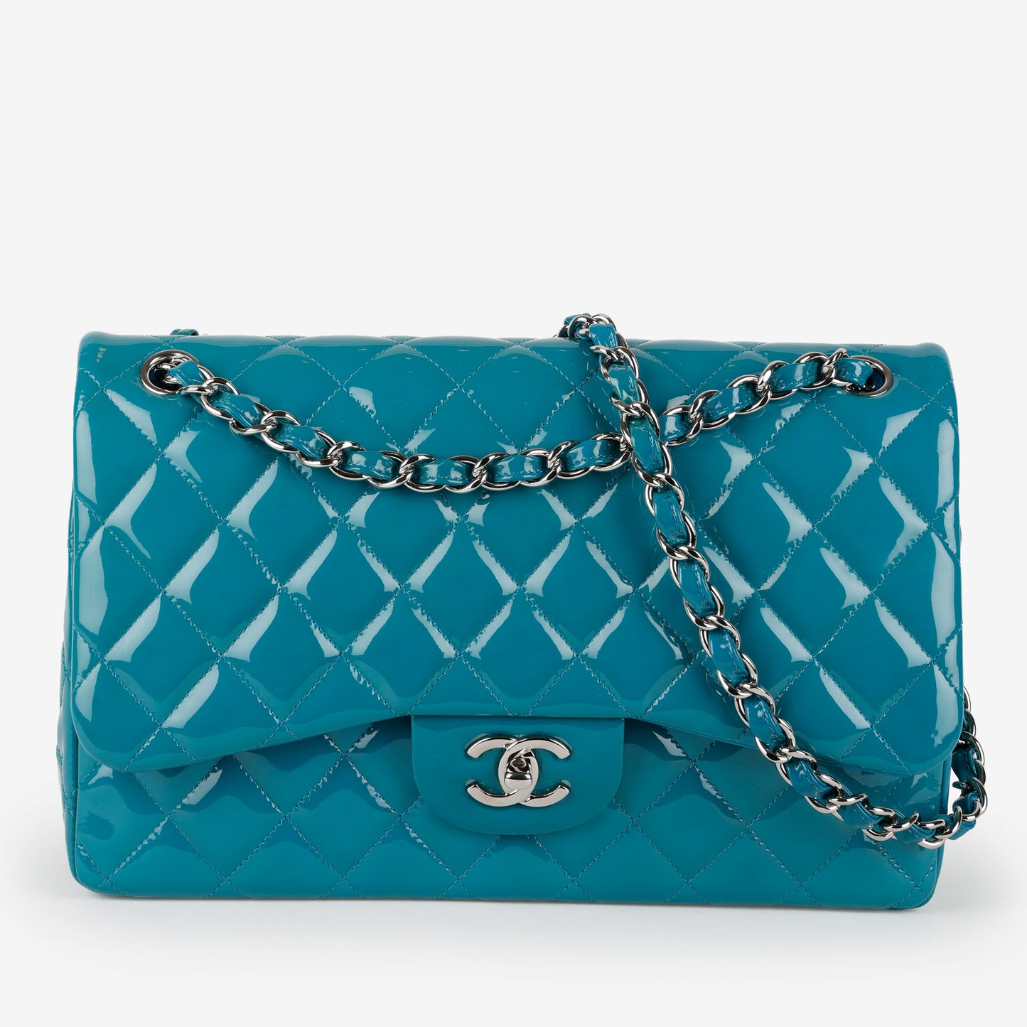 Jumbo Double Flap, Turquoise Patent Calfskin SHW
