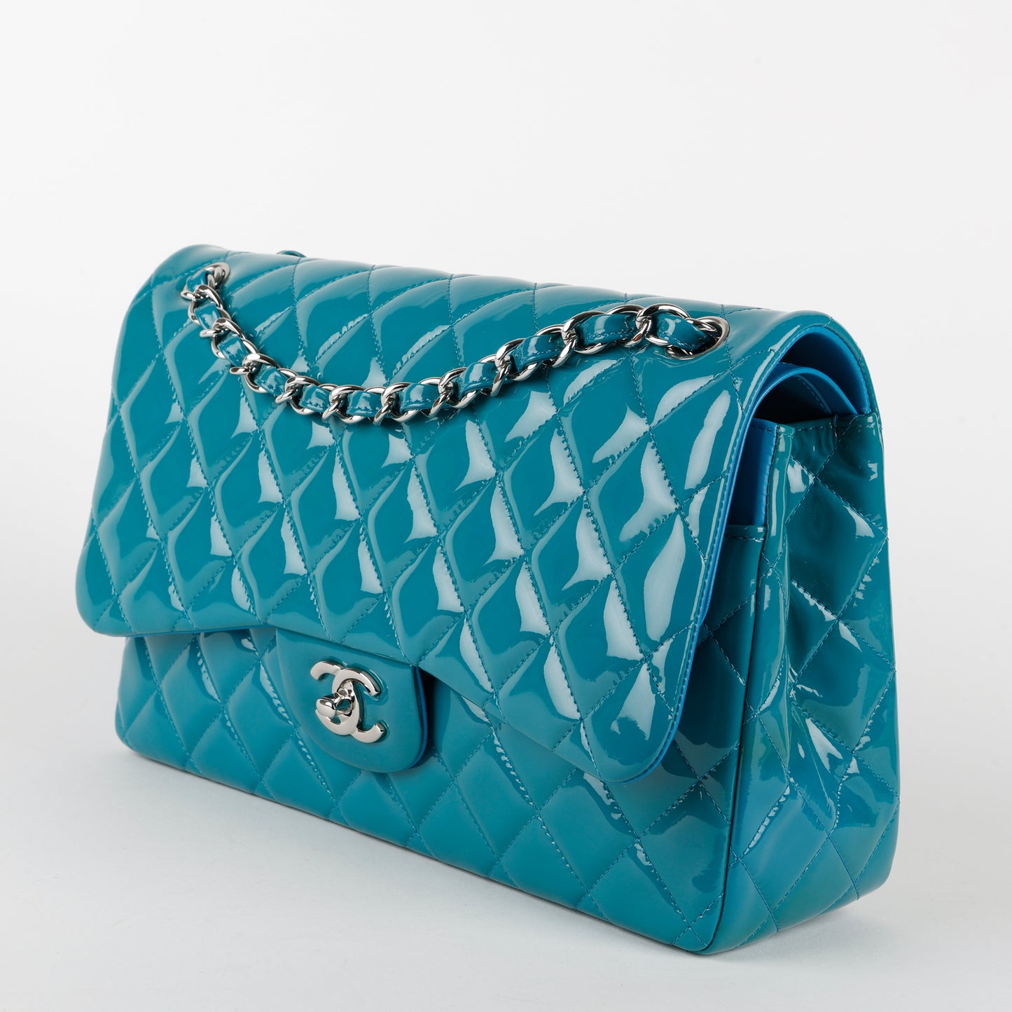 Jumbo Double Flap, Turquoise Patent Calfskin SHW