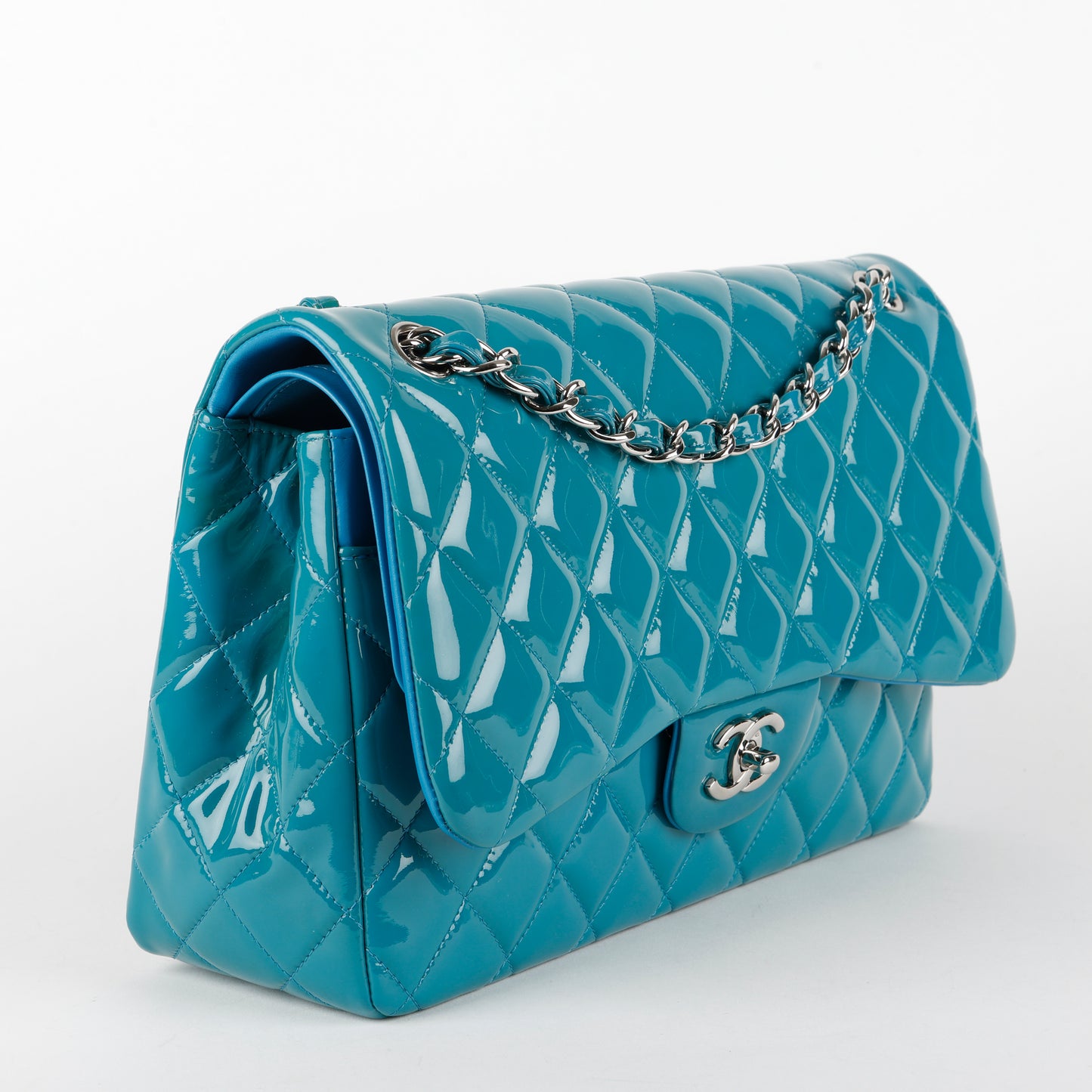Jumbo Double Flap, Turquoise Patent Calfskin SHW