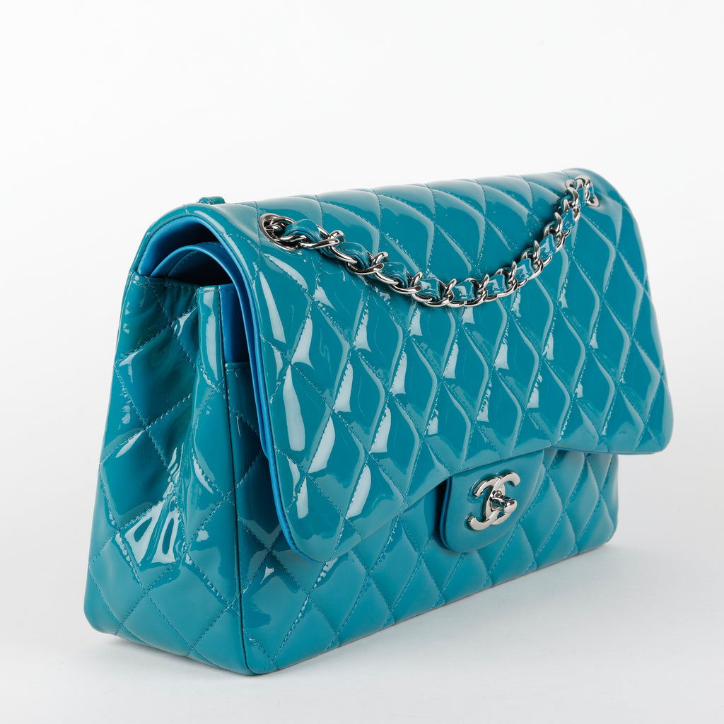 Jumbo Double Flap, Turquoise Patent Calfskin SHW