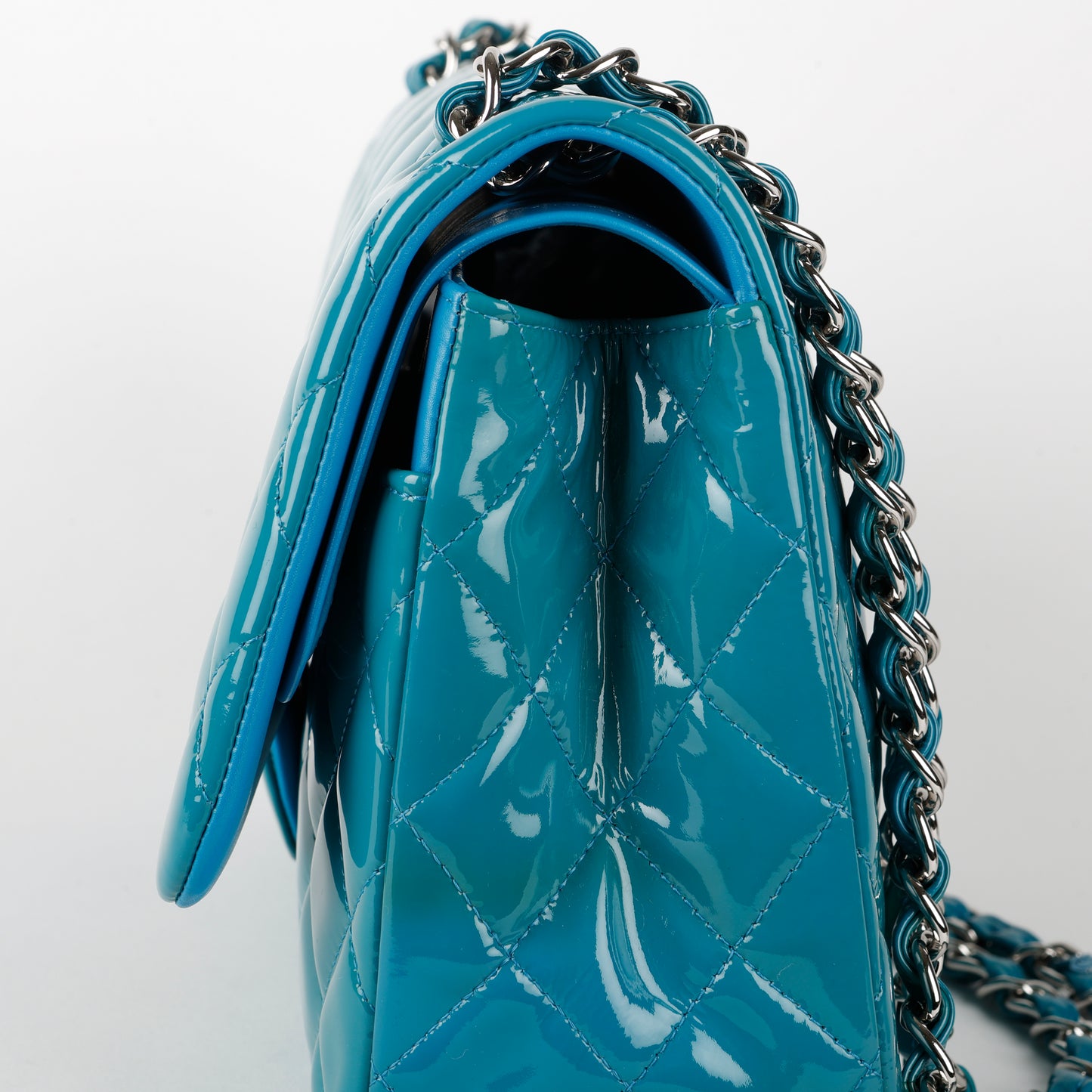 Jumbo Double Flap, Turquoise Patent Calfskin SHW