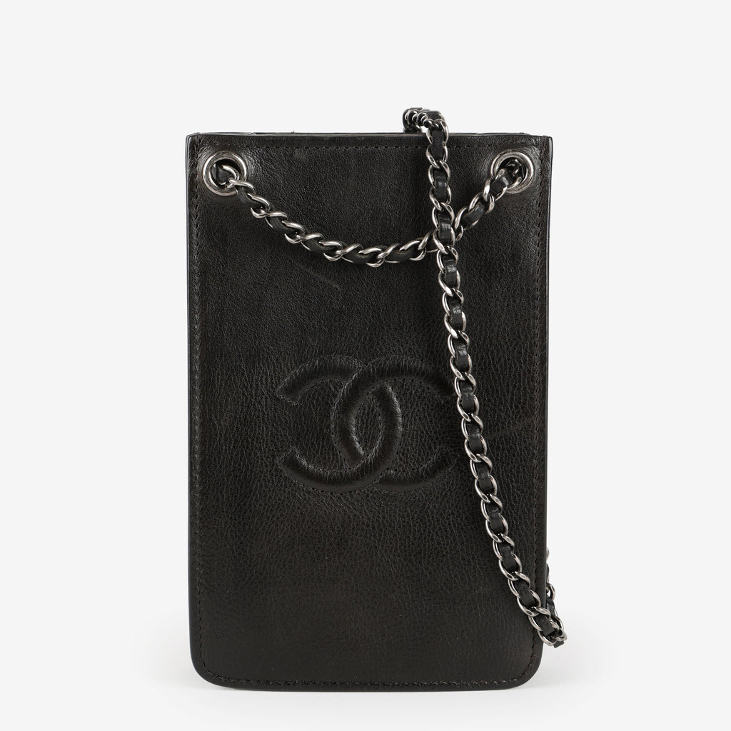 CC Phone Holder Crossbody Bag, Black Calfskin