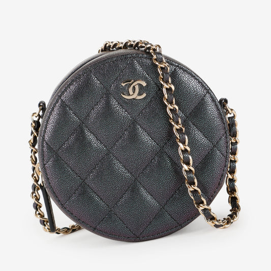 Mini Round Clutch with Chain, Purple Quilted Caviar
