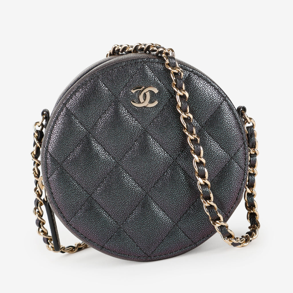 Mini Round Clutch with Chain, Purple Quilted Caviar