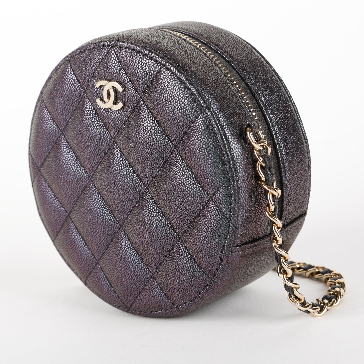 Mini Round Clutch with Chain, Purple Quilted Caviar