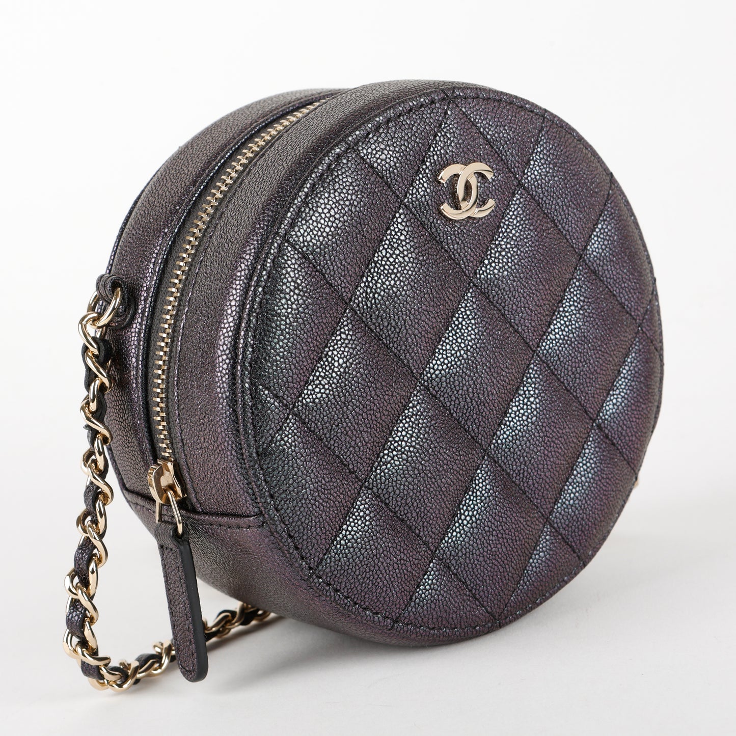 Mini Round Clutch with Chain, Purple Quilted Caviar