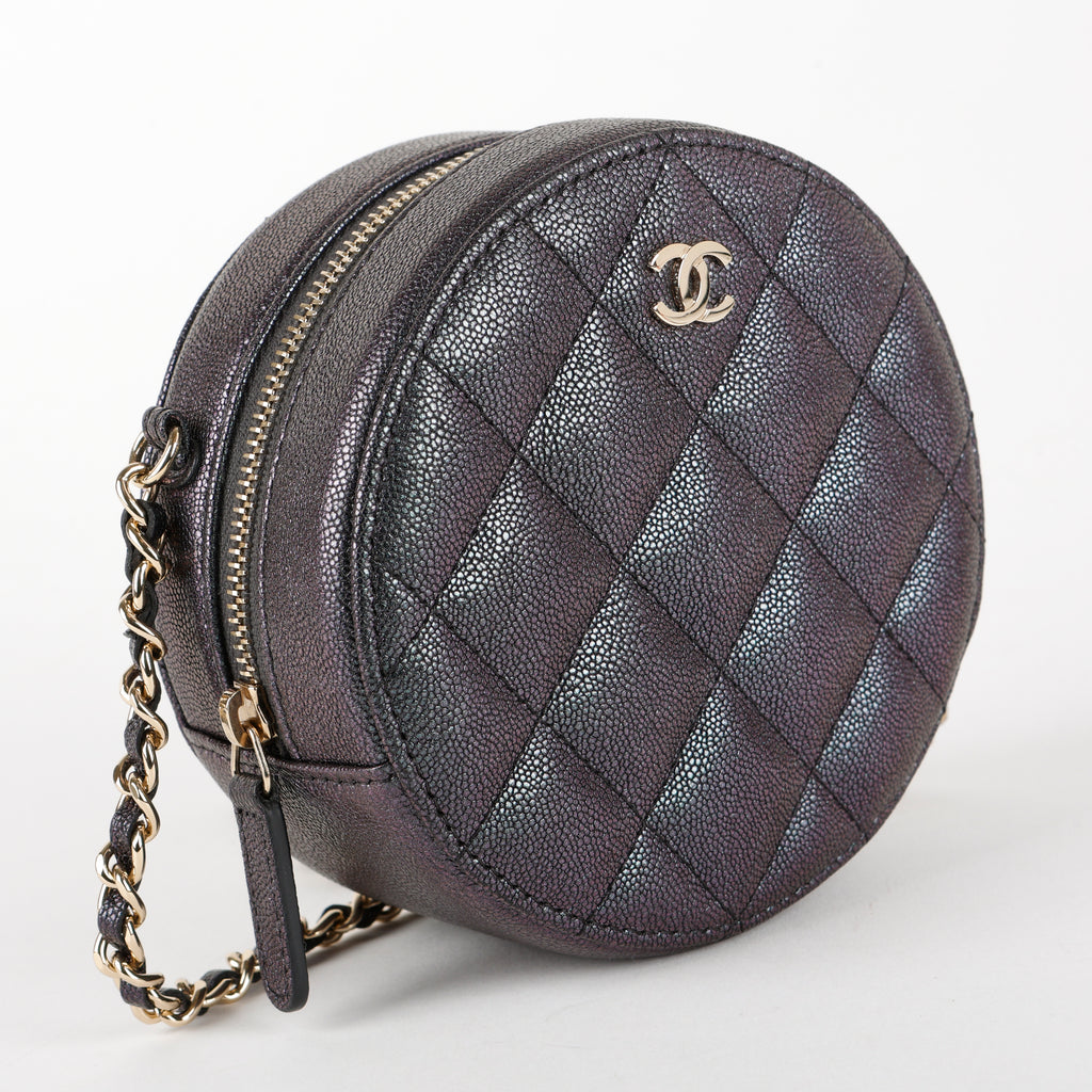 Mini Round Clutch with Chain, Purple Quilted Caviar