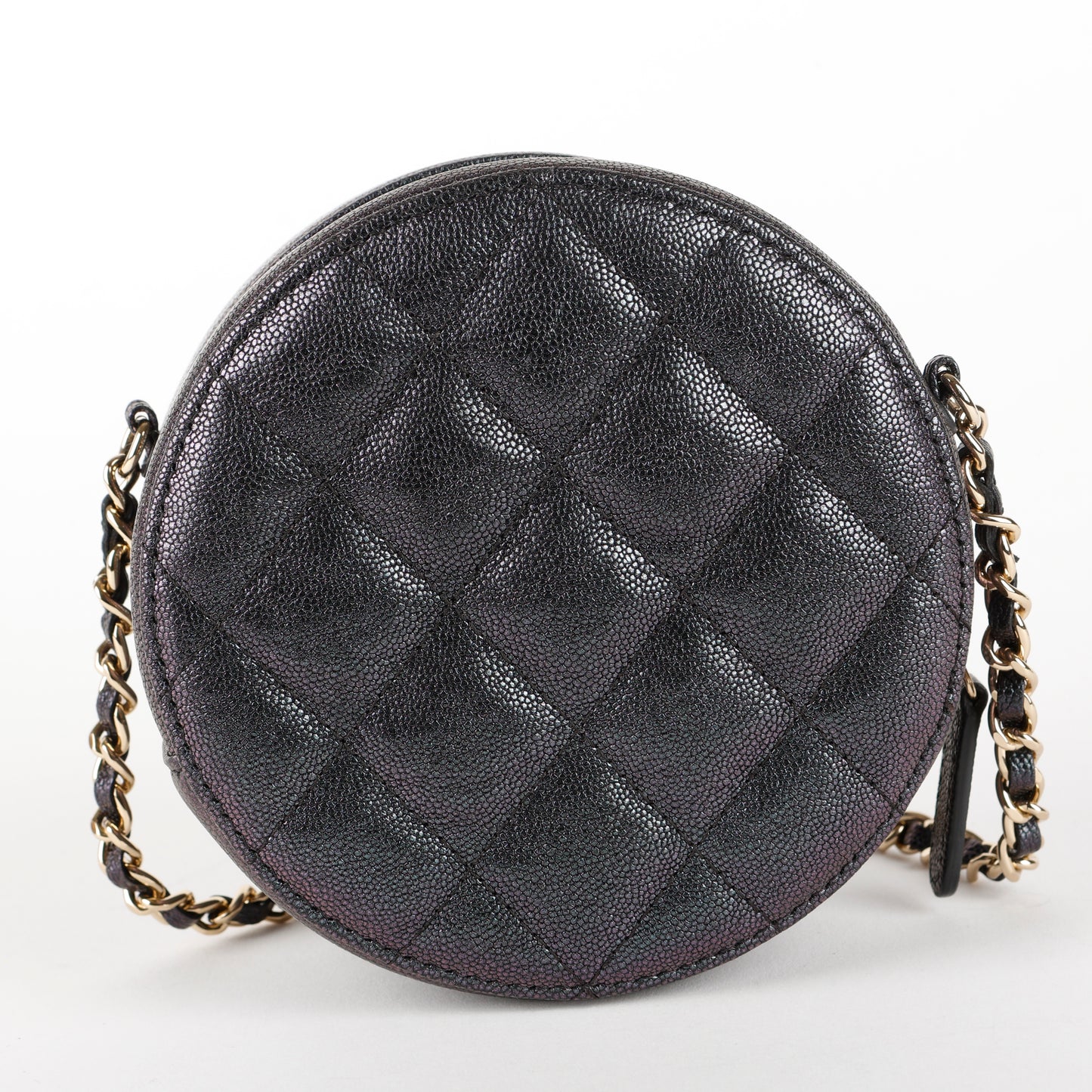 Mini Round Clutch with Chain, Purple Quilted Caviar