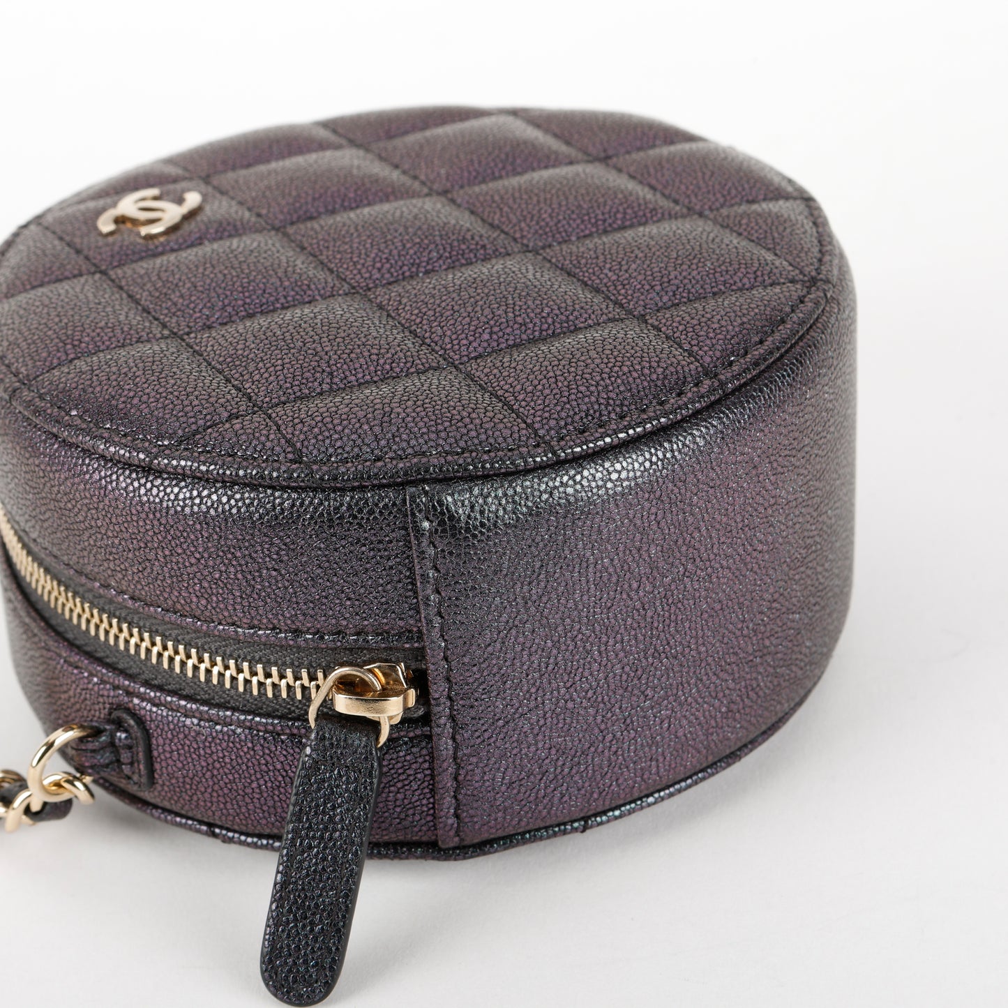 Mini Round Clutch with Chain, Purple Quilted Caviar