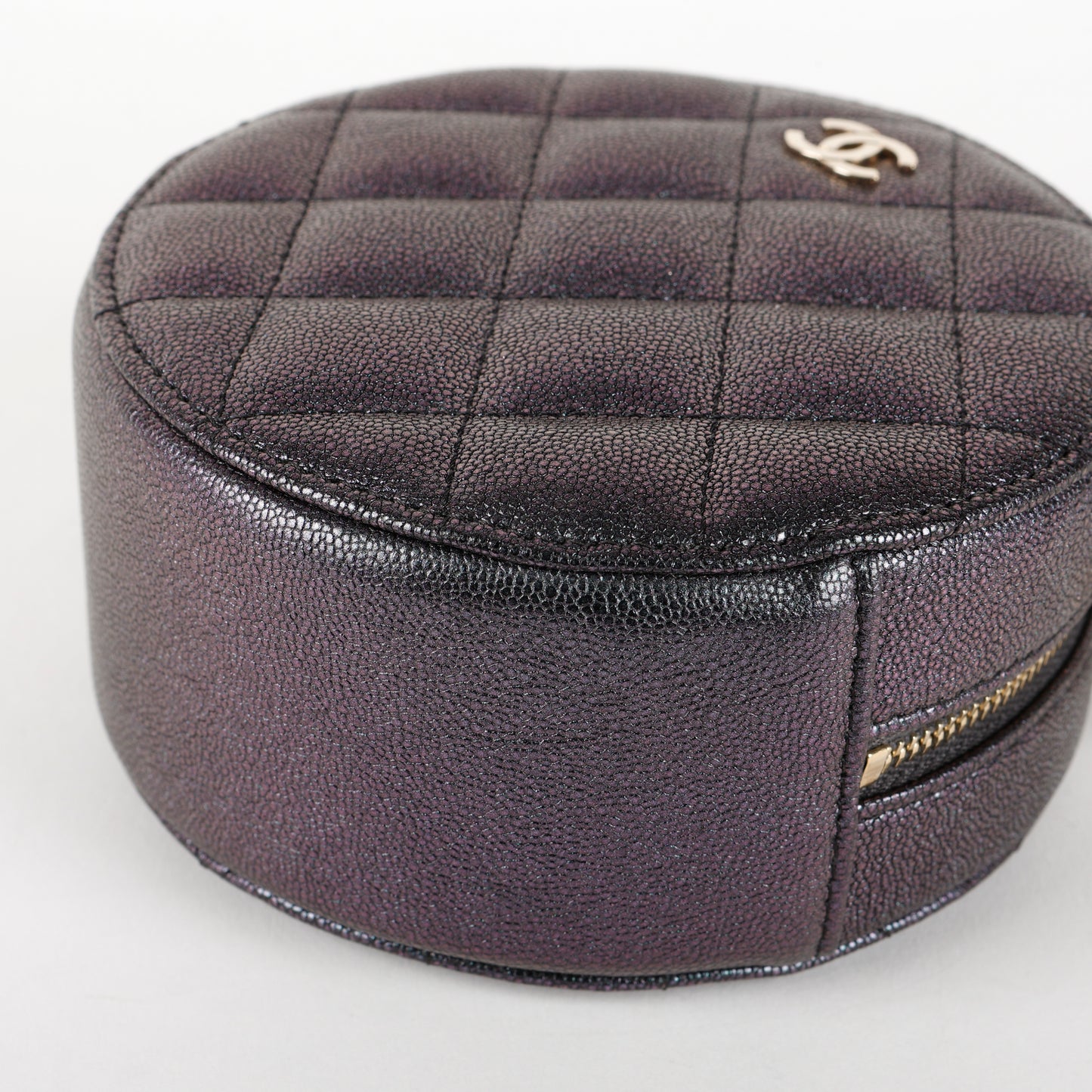 Mini Round Clutch with Chain, Purple Quilted Caviar
