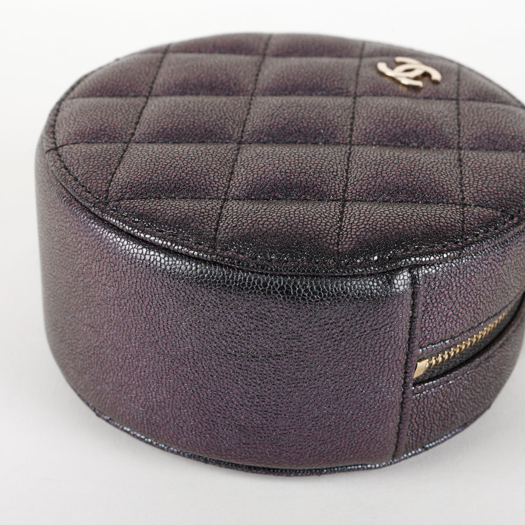 Mini Round Clutch with Chain, Purple Quilted Caviar