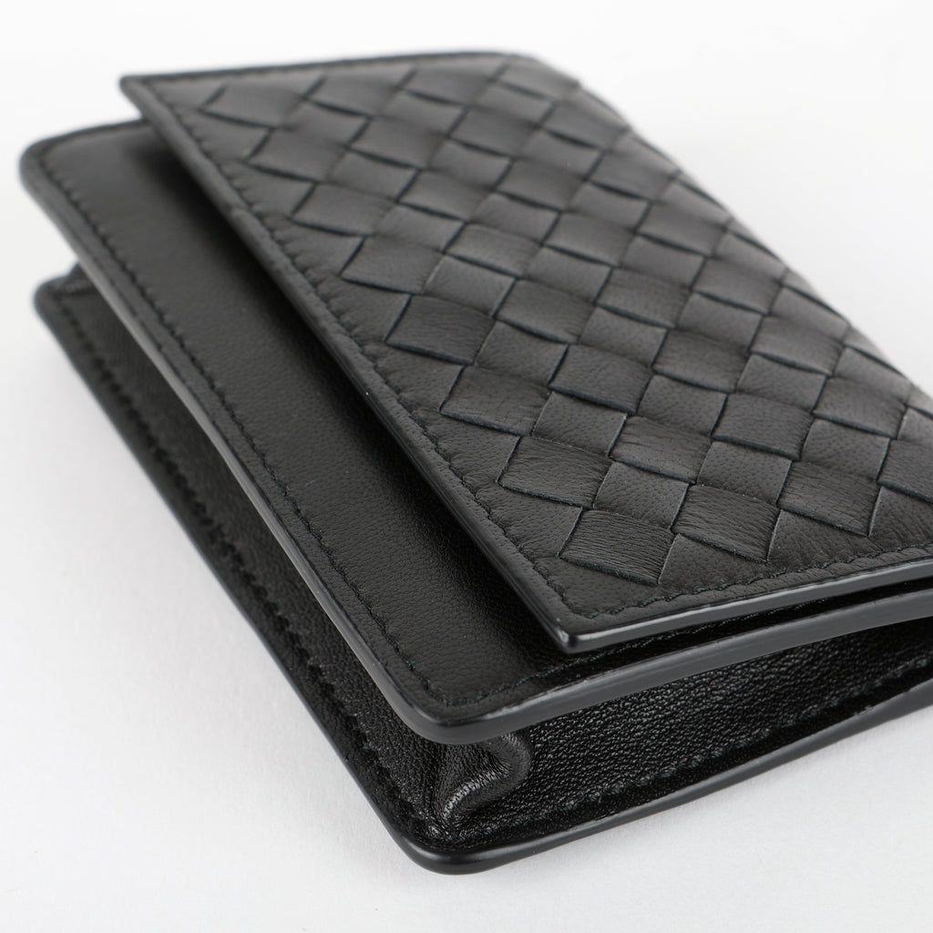 Compact Intrecciato Flap Wallet, Black