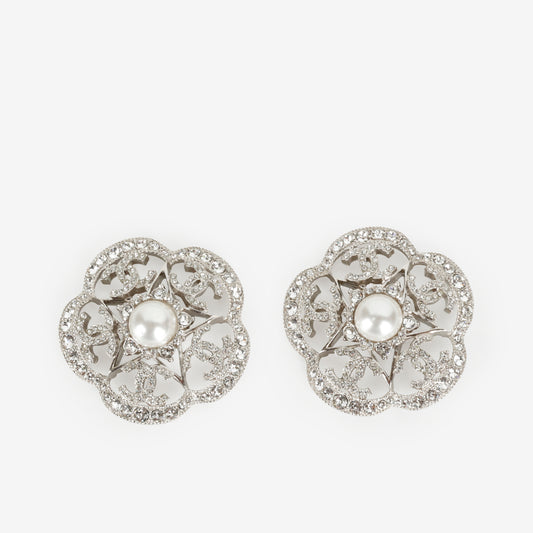 Camellia Flower Pearl Crystal Stud Earrings