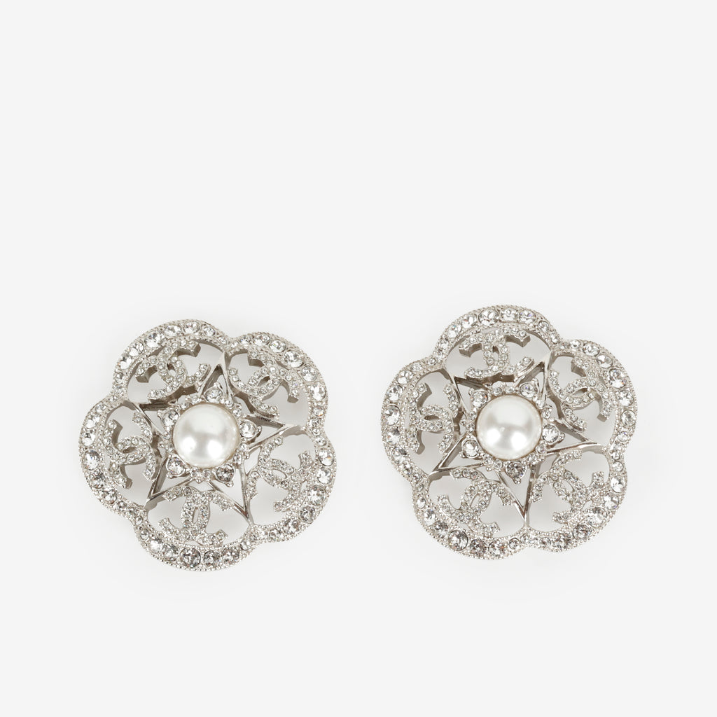 Camellia Flower Pearl Crystal Stud Earrings