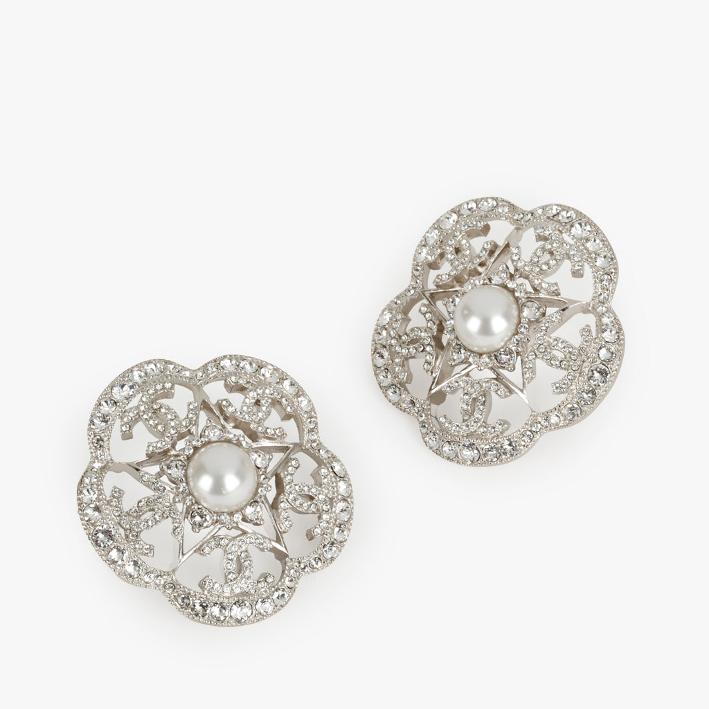 Camellia Flower Pearl Crystal Stud Earrings