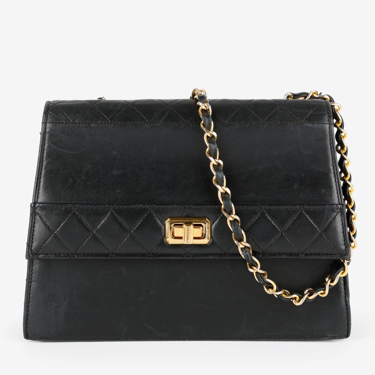 Trapezoid Flap Bag, Black Lambskin