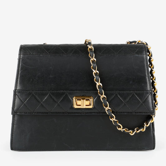 Trapezoid Flap Bag, Black Lambskin