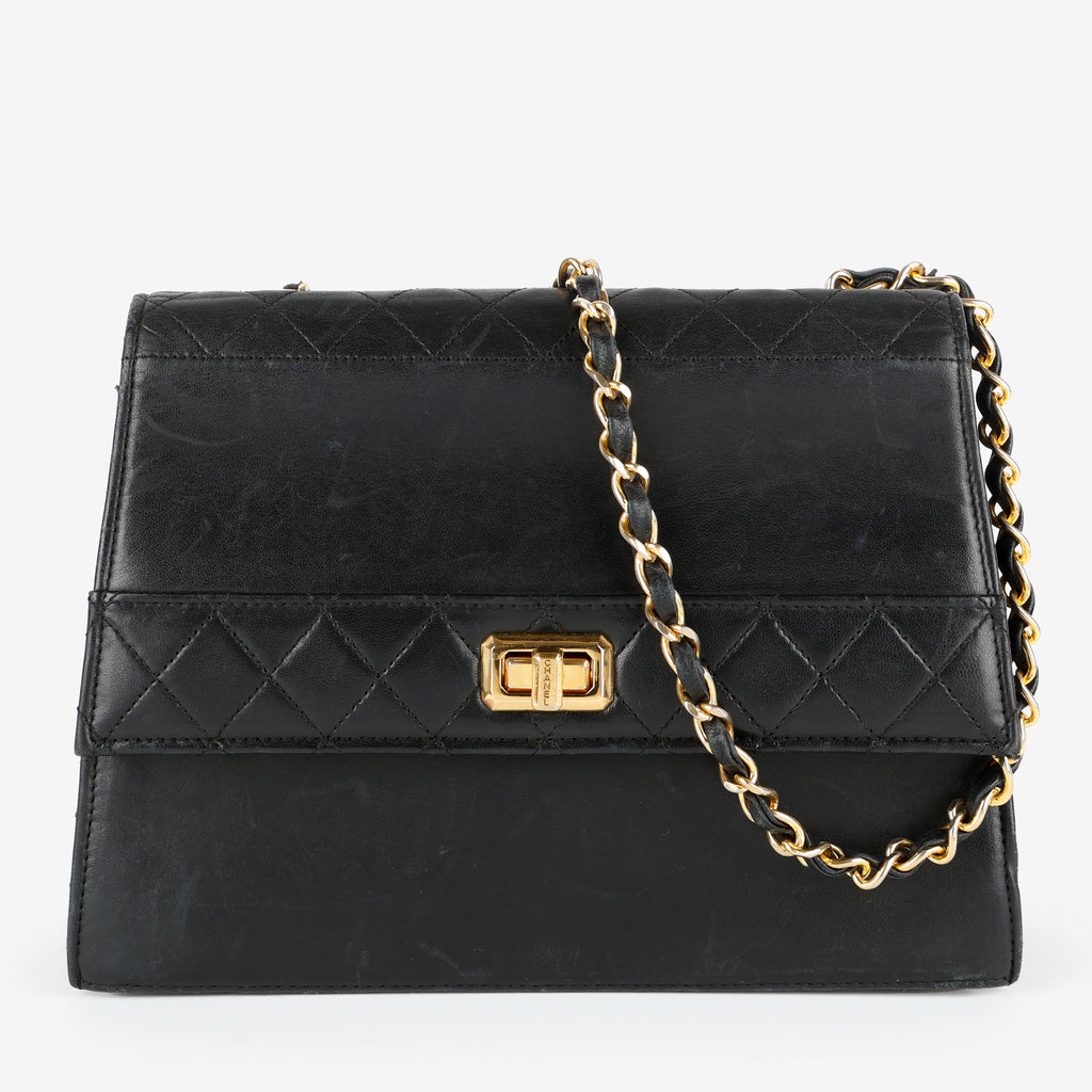 Trapezoid Flap Bag, Black Lambskin